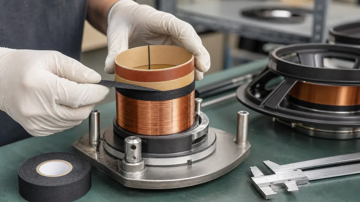 Technician wrapping black acetate cloth tape around a copper speaker voice coil former